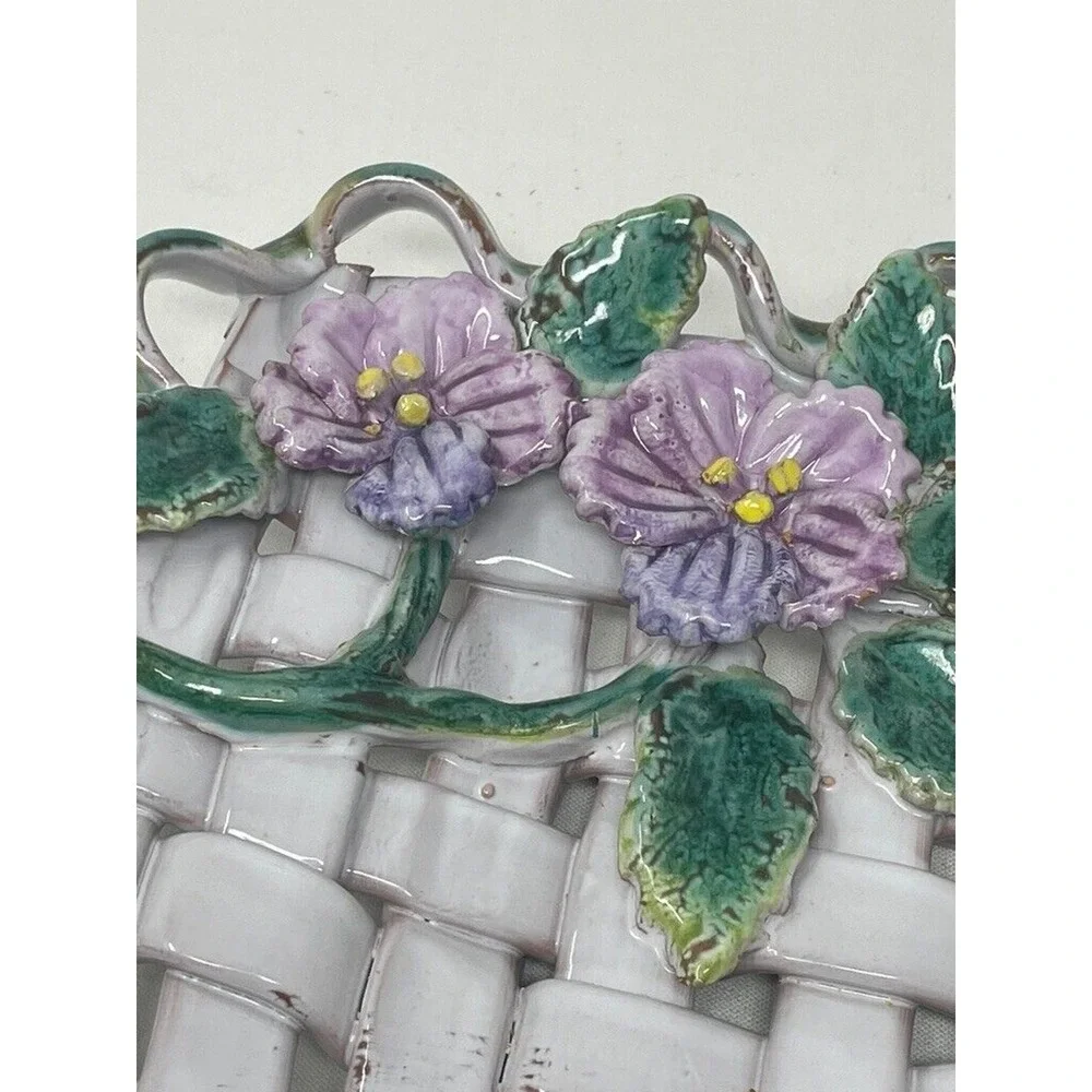 Vtg Italian Majolica Weave‎ Ceramic Decorative Tray Floral